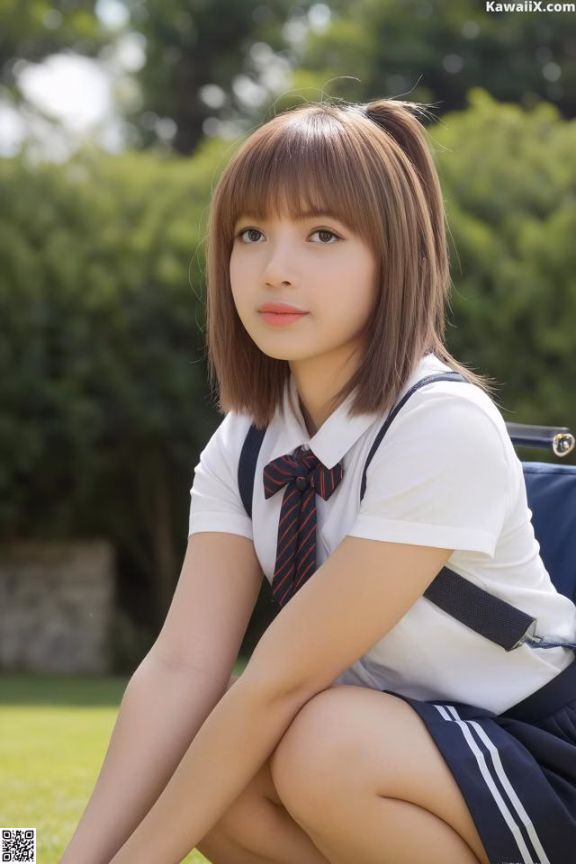 A young woman in a school uniform sitting on the grass.
