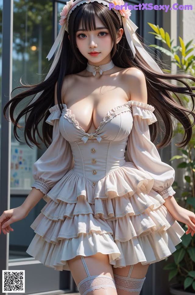 A woman in a dress and stockings posing for a picture.