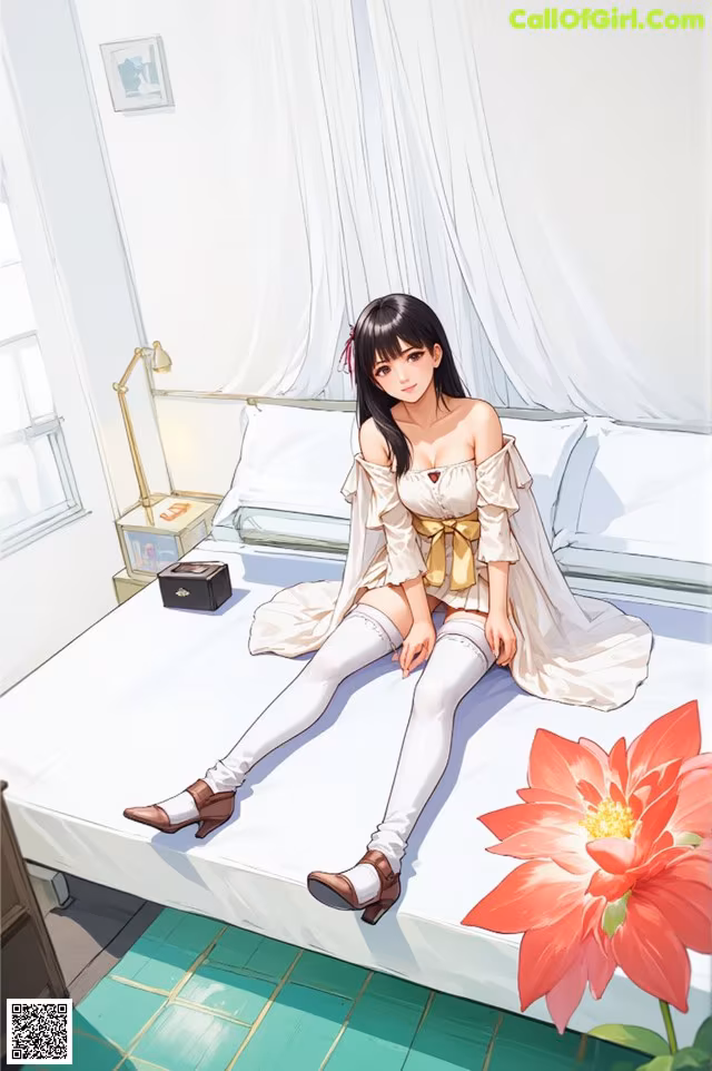 A woman sitting on top of a bed next to a flower.
