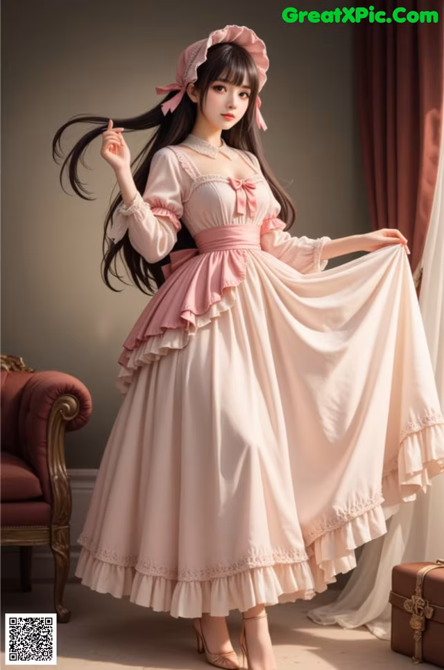 a woman in a pink dress and hat posing for a picture