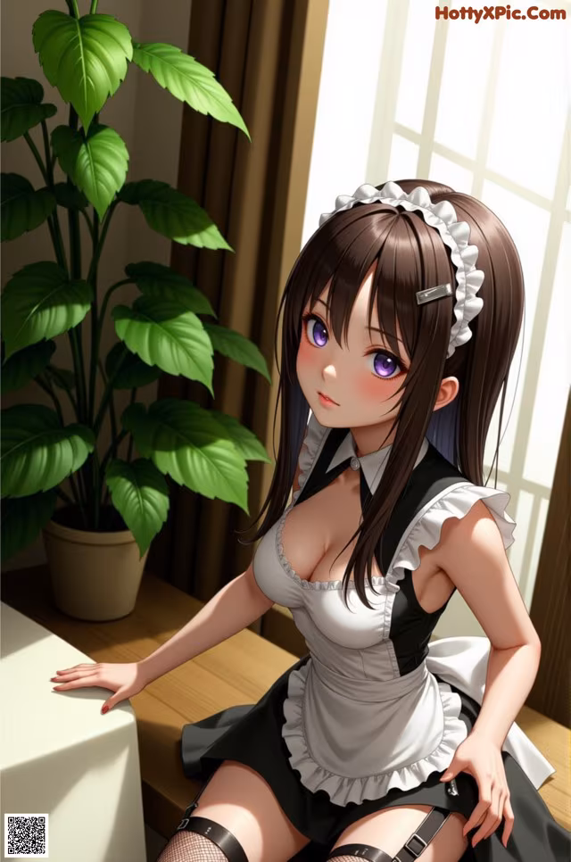 A woman in a maid outfit sitting on a table.
