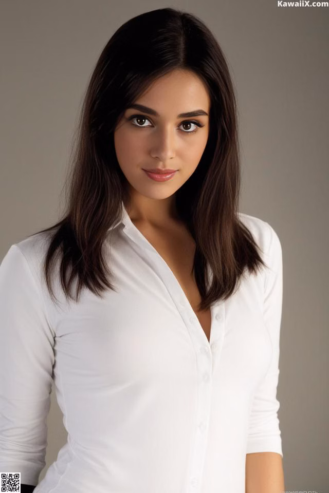 A woman in a white shirt posing for a picture.