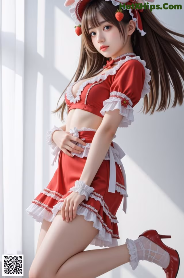 a woman in a red and white outfit posing for a picture