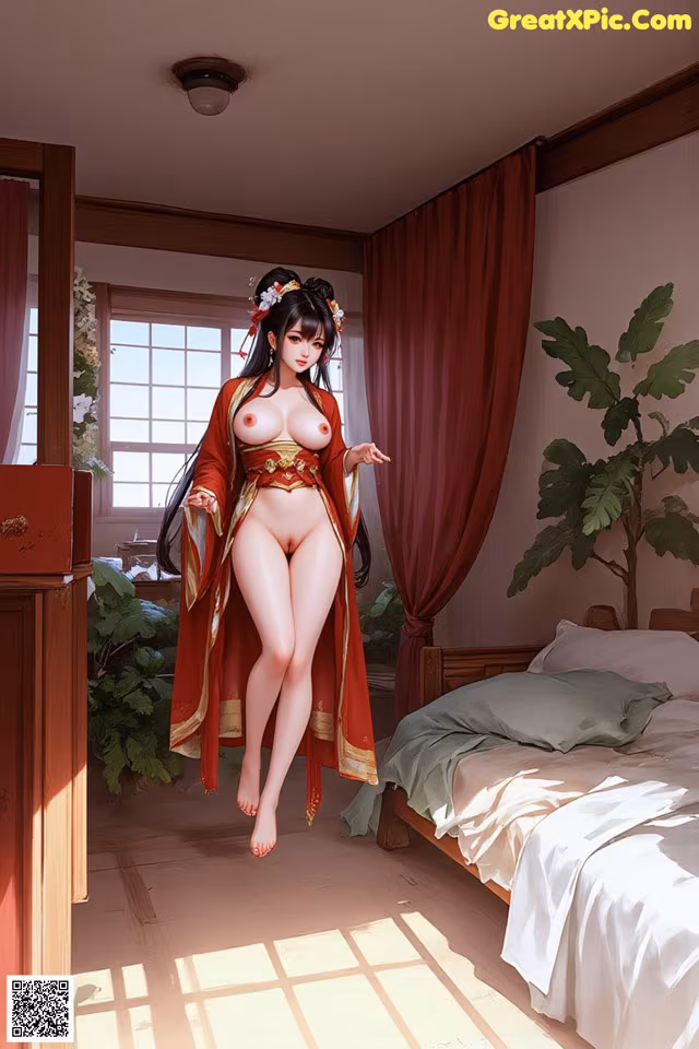 A woman in a red kimono is standing in a bedroom.