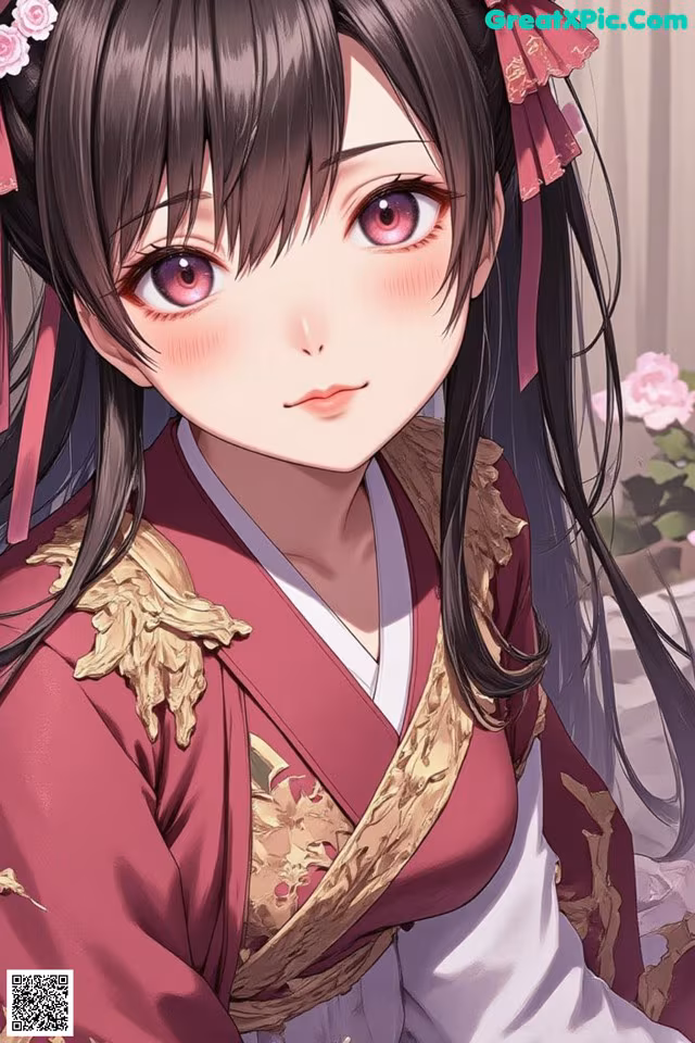 A woman in a kimono with long black hair and pink eyes.