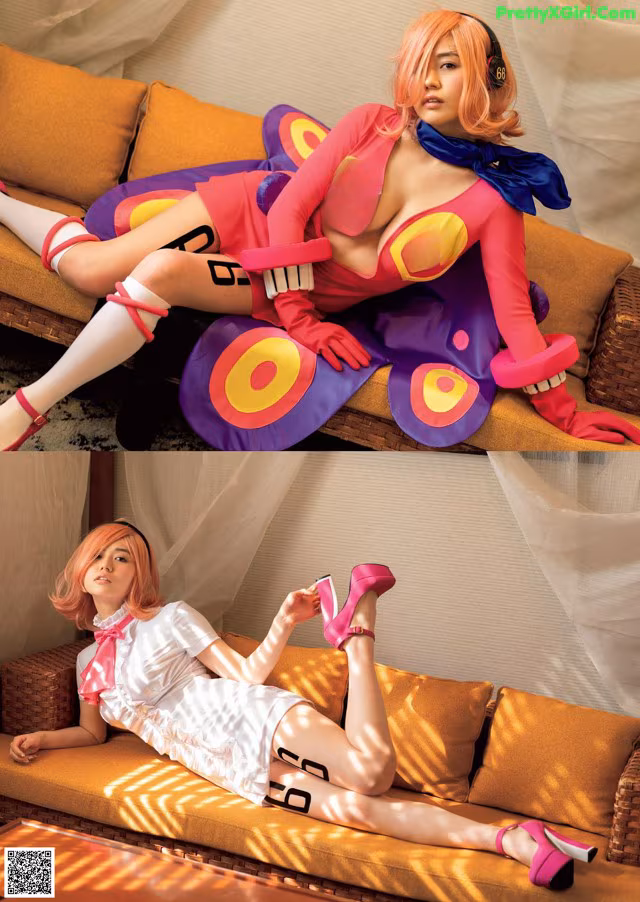 A woman in a pink and white outfit sitting on a couch.