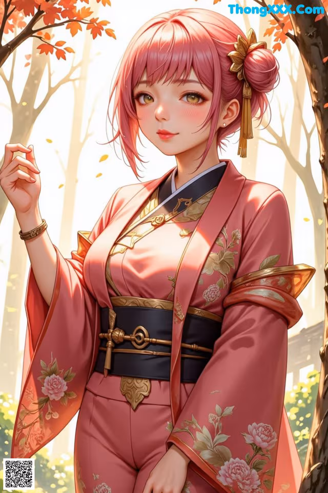A woman in a pink kimono standing in front of a tree.