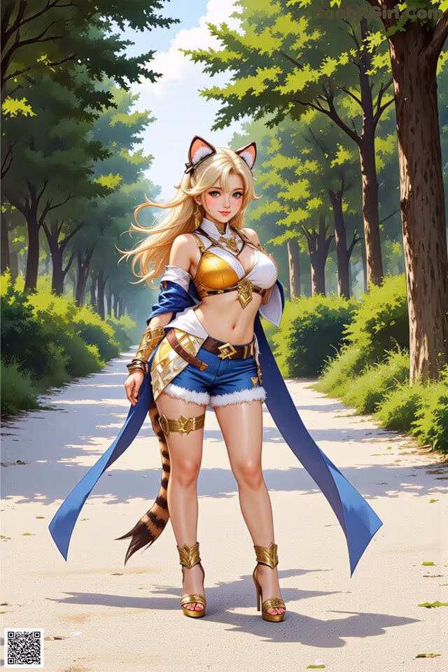 A woman in shorts and a cat costume walking down a path.