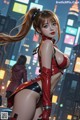 A woman in a red and black outfit standing in the middle of a city.