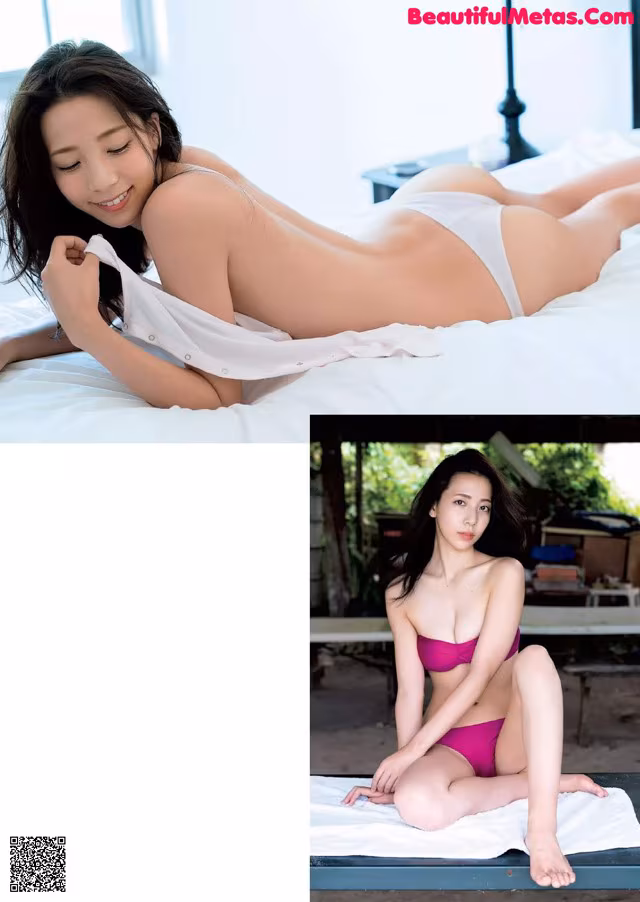 A woman in a pink bikini laying on a bed.