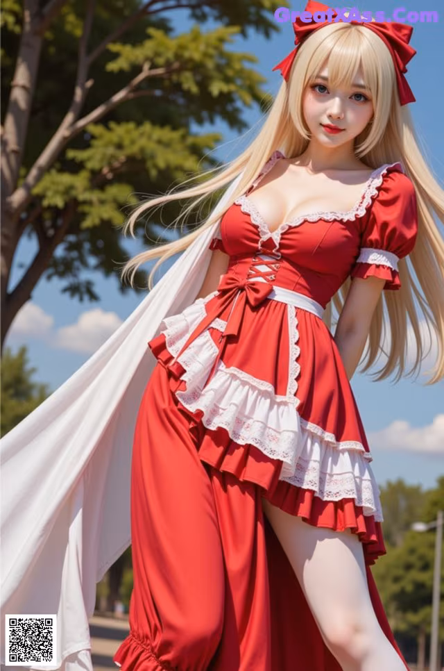 A woman in a red and white dress is posing for a picture.