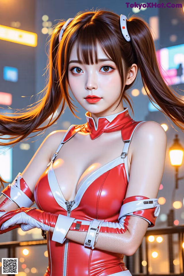 A woman in a red and white outfit posing for a picture.