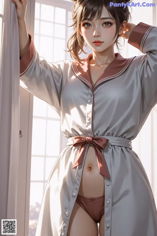 A woman in a white shirt and brown panties leaning against a window.