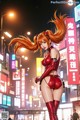 A woman in a red latex outfit standing in the middle of a city.