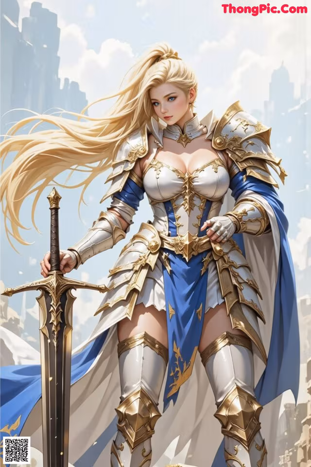 A woman in armor holding a sword in front of a city.
