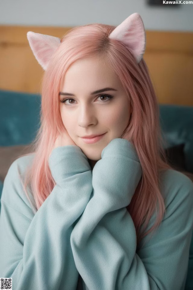 A woman with pink hair wearing a cat ears headband.
