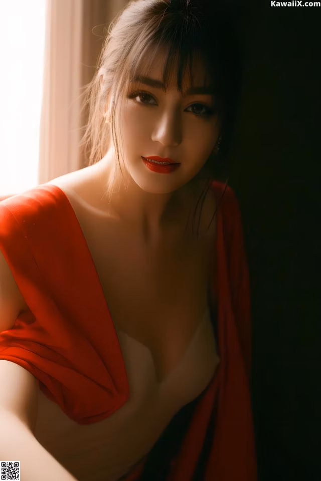 A woman in a red dress posing for a picture.