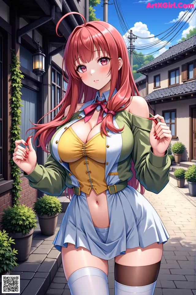 A woman in a school uniform is posing for a picture.