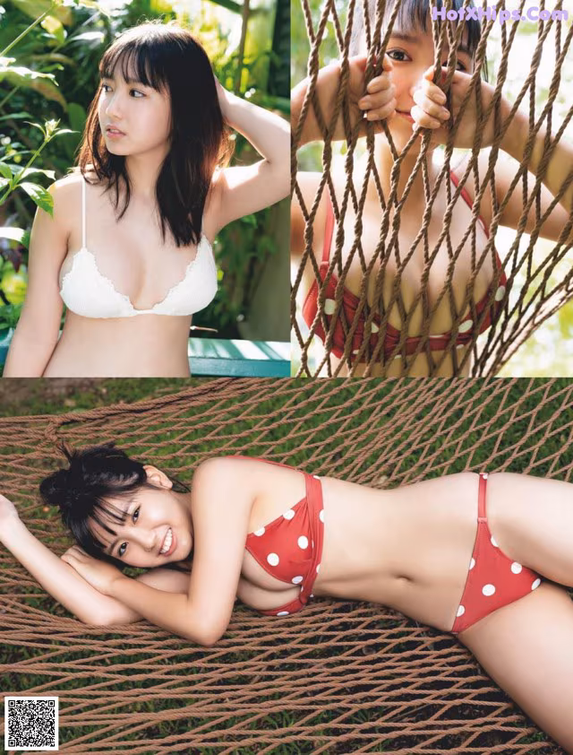 A woman in a red and white polka dot bikini laying on a hammock.