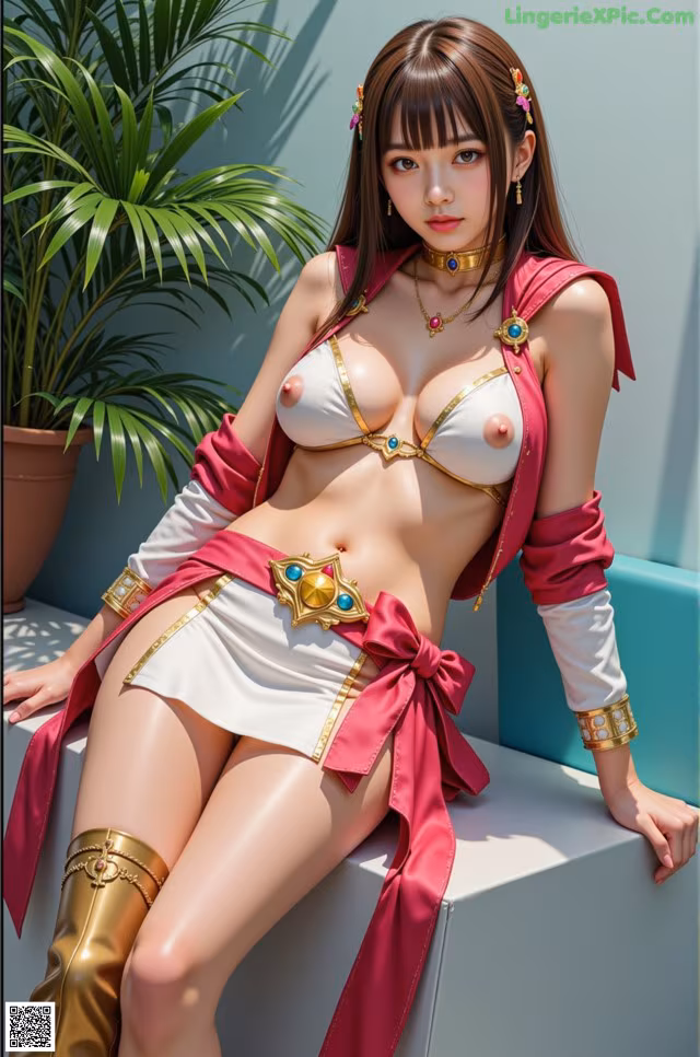 A woman in a bikini sitting on a bench.