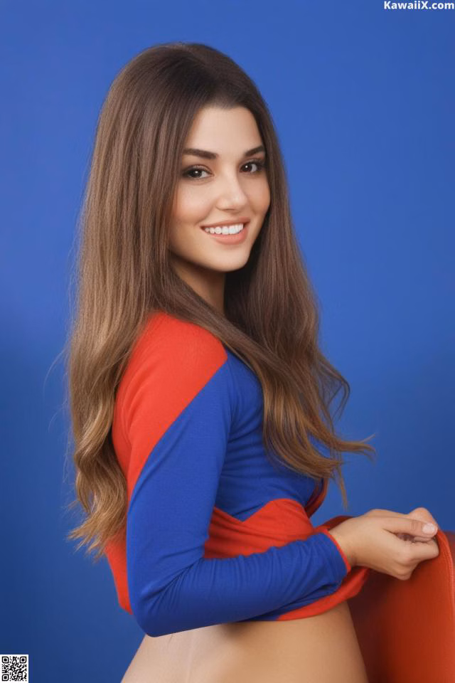 A woman in a red and blue shirt posing for a picture.