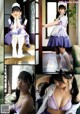 A collage of photos of a woman dressed as a maid.