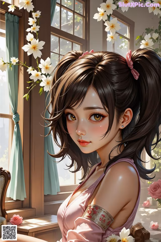 A girl sitting in front of a window with flowers in her hair.