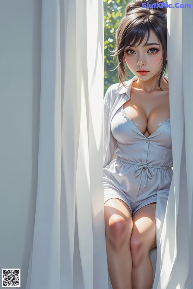 A woman sitting in front of a white curtain.
