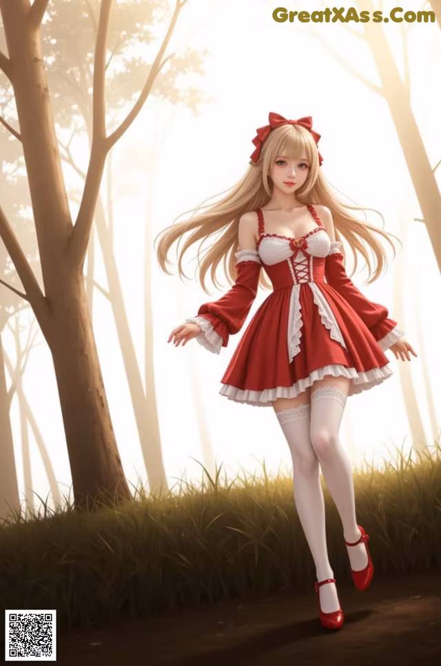 A girl in a red dress is walking through the woods.