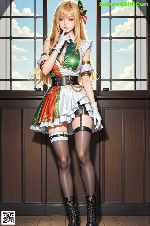 A woman in a dress and stockings standing in front of a window.