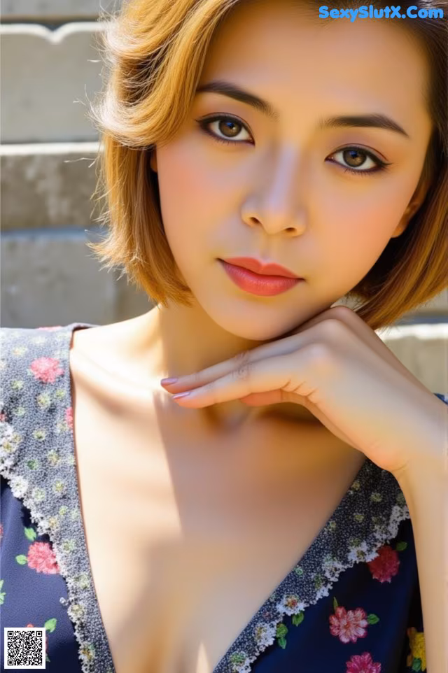A woman in a blue dress posing for a picture.
