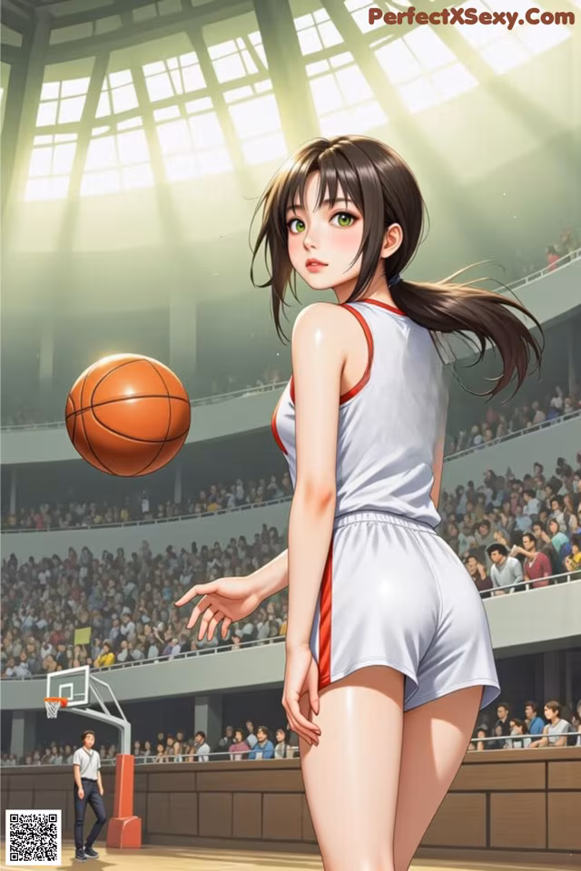 A woman in a white uniform holding a basketball on a court.